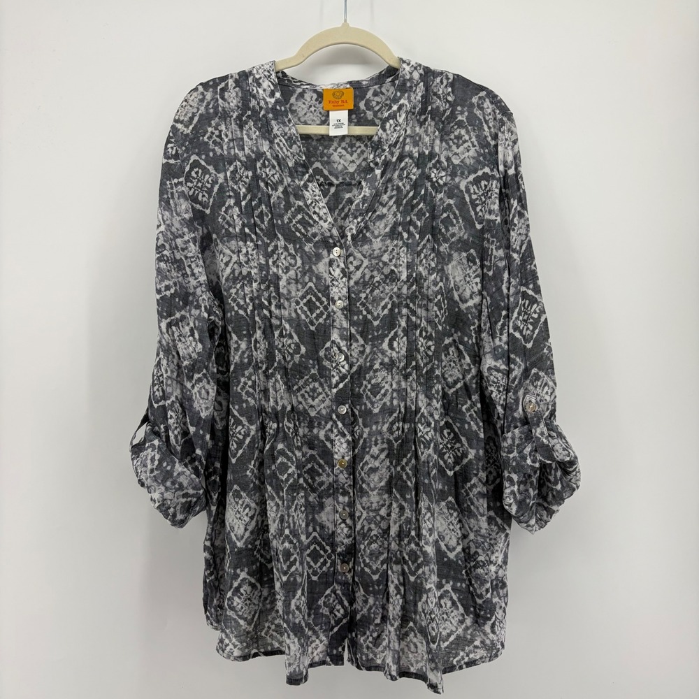 Ruby Rd Womens 1X Grey Ikat Button Up Pintuck Roll Tab Sleeve Blouse